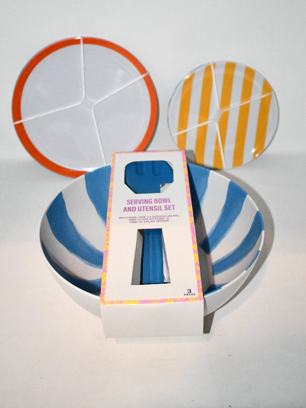 Festive Voice Melamine Dinnerware Set 8 Plates* Serving Bowl Utensils Colorful